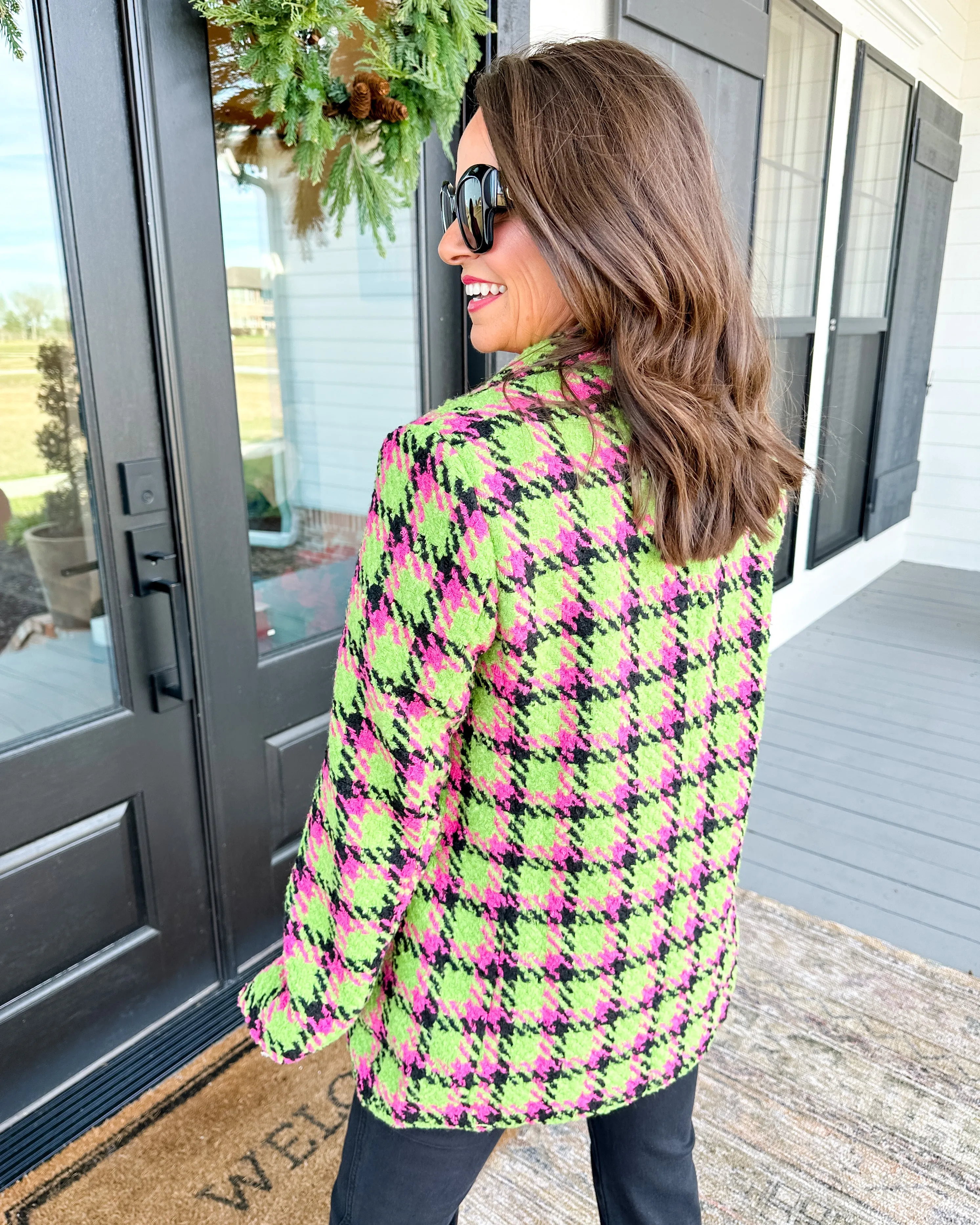 Flap Pockets Vintage Plaid Blazer in Fuchsia