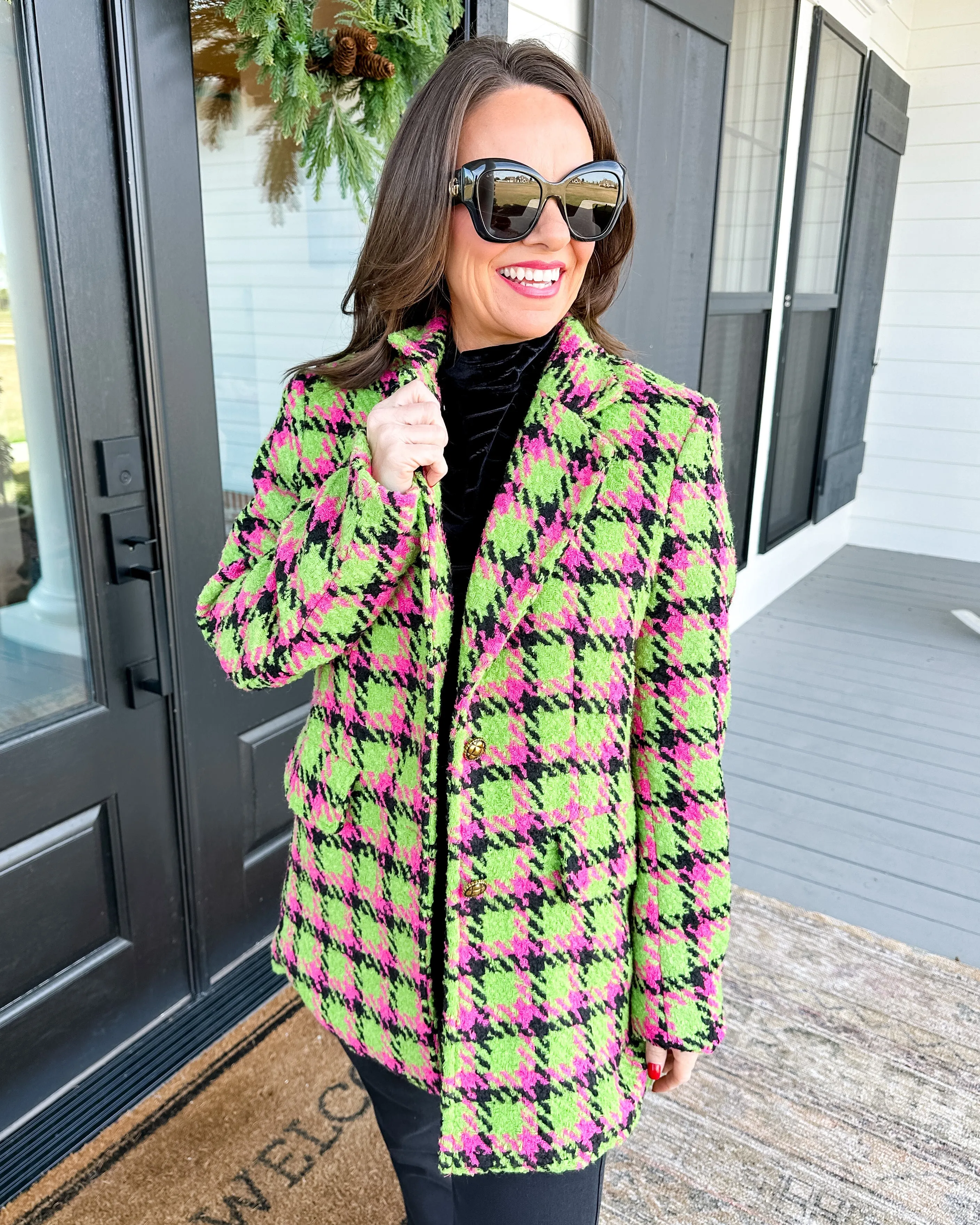 Flap Pockets Vintage Plaid Blazer in Fuchsia