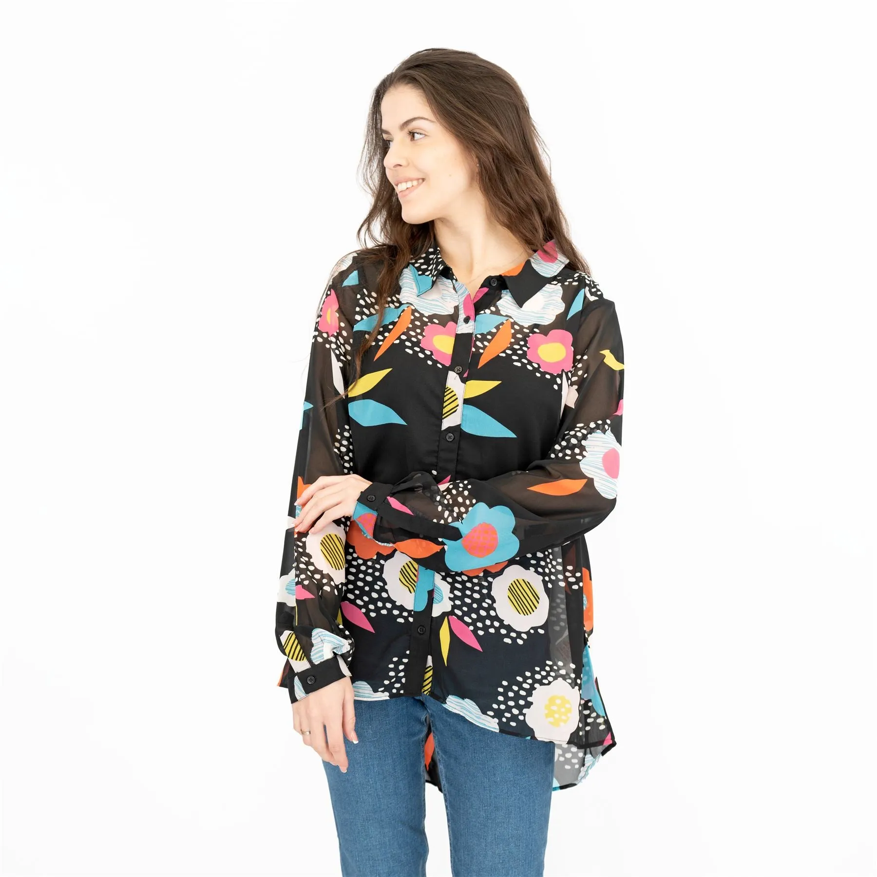 Frugi Bloom Black Floral Maternity Blouse Lightweight Relaxed Fit Button-Up Longline Tops