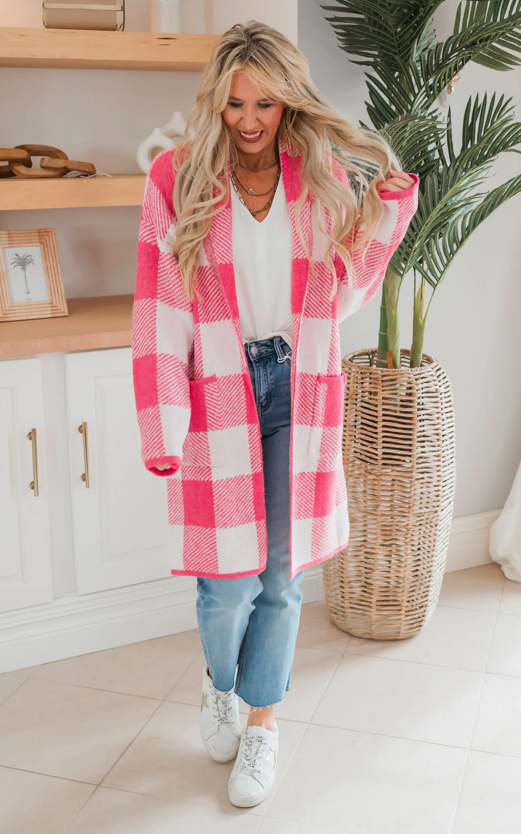 Gingham Pattern Soft Open Cardigan Sweater - Final Sale