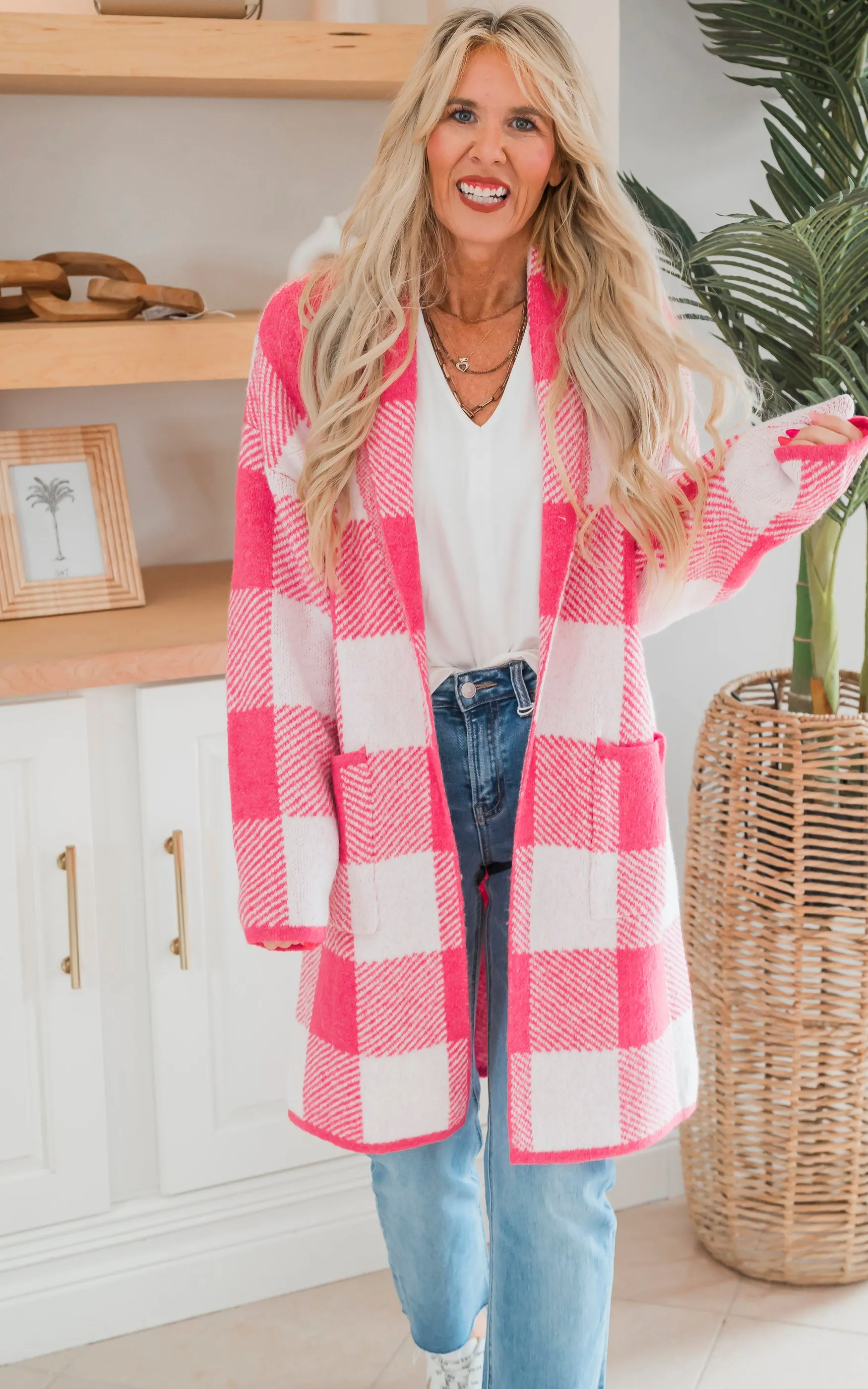 Gingham Pattern Soft Open Cardigan Sweater - Final Sale