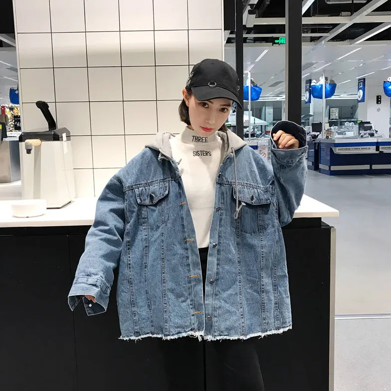 Hooded Jean Jacket With Loose Fit