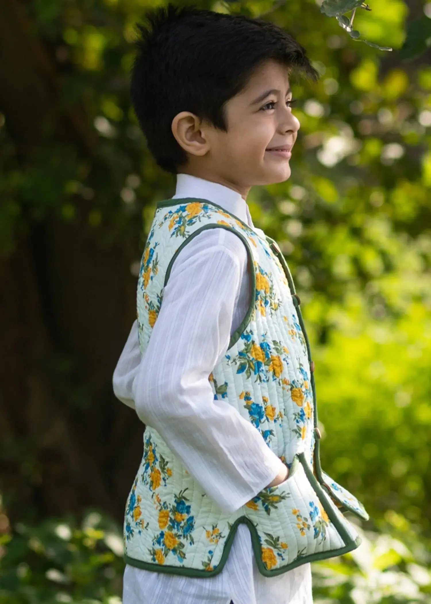 Ivy/Marigold Mustard/ White 100% Cotton Reversible Bundi Jacket Unisex (0-12 Years)