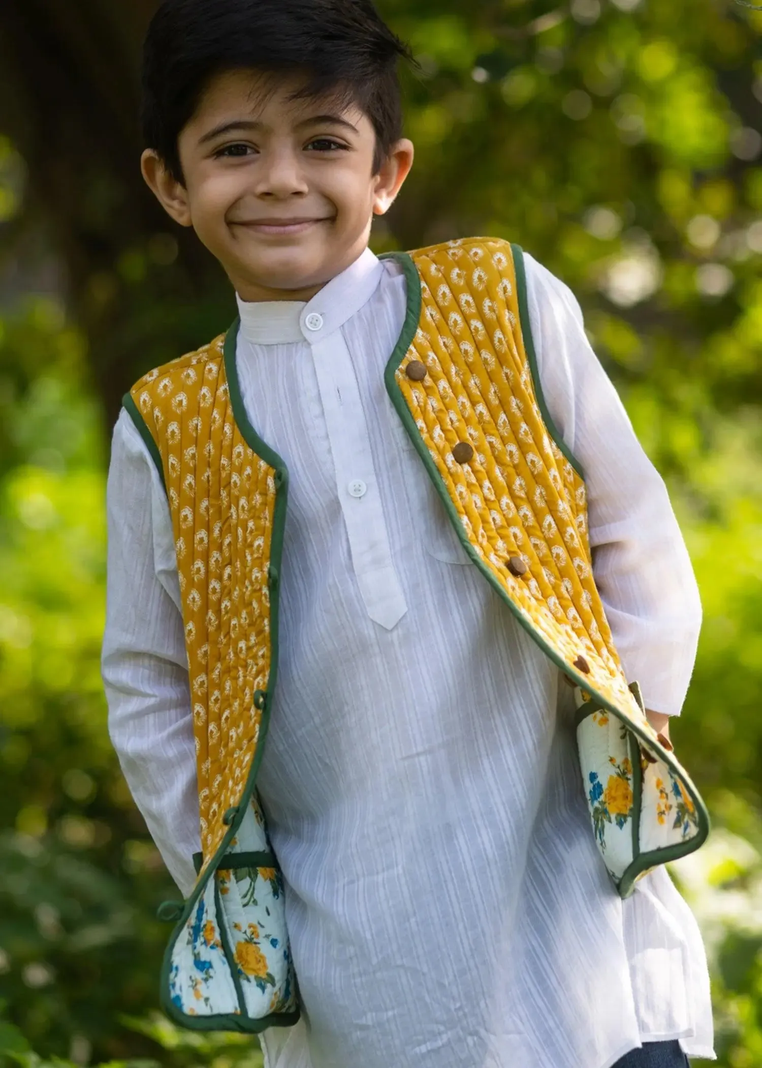 Ivy/Marigold Mustard/ White 100% Cotton Reversible Bundi Jacket Unisex (0-12 Years)