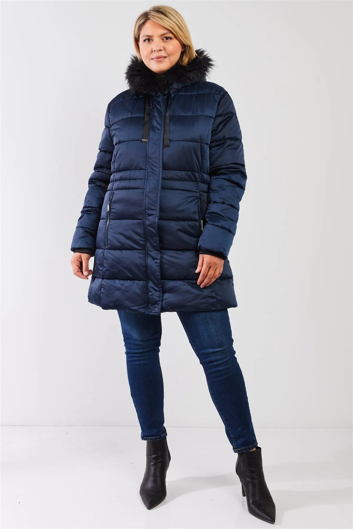 Junior Plus Navy Glossy Long Fitted Vegan Fur Hood Detail Winter Puffer Jacket /2-2