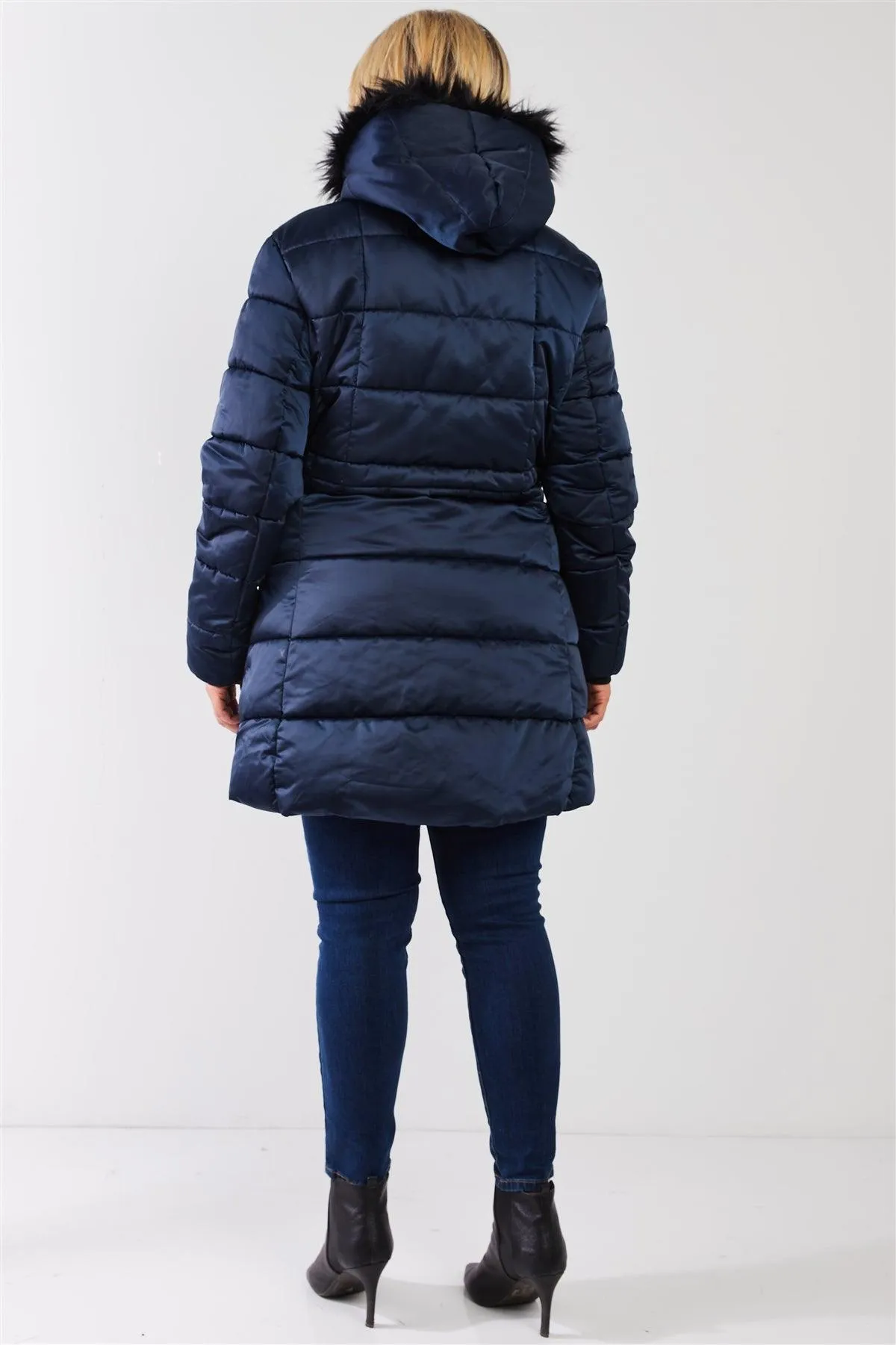 Junior Plus Navy Glossy Long Fitted Vegan Fur Hood Detail Winter Puffer Jacket /2-2