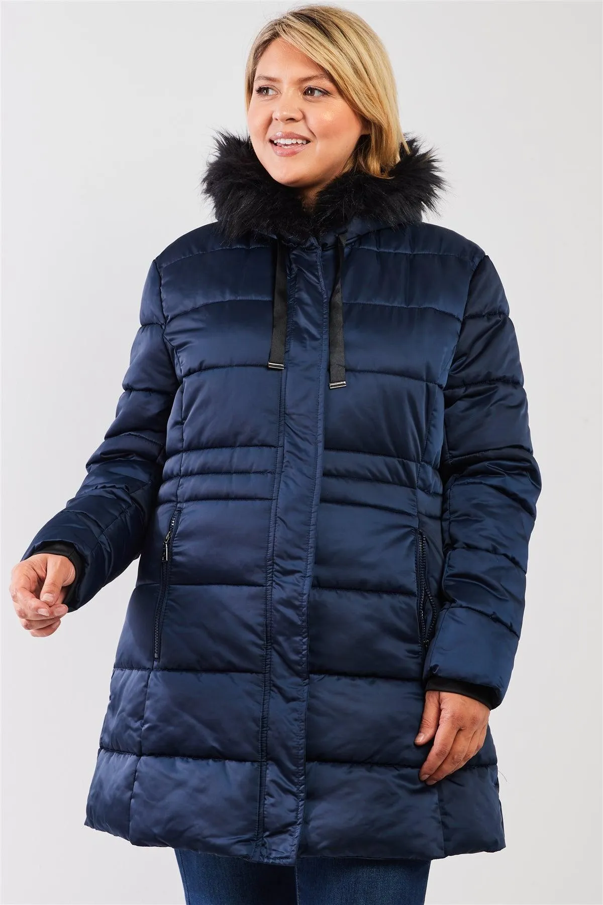 Junior Plus Navy Glossy Long Fitted Vegan Fur Hood Detail Winter Puffer Jacket /2-2