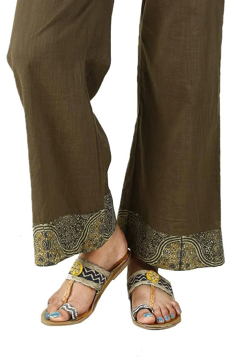 Khaki Green Cotton Slub Ajrakh Palazzo