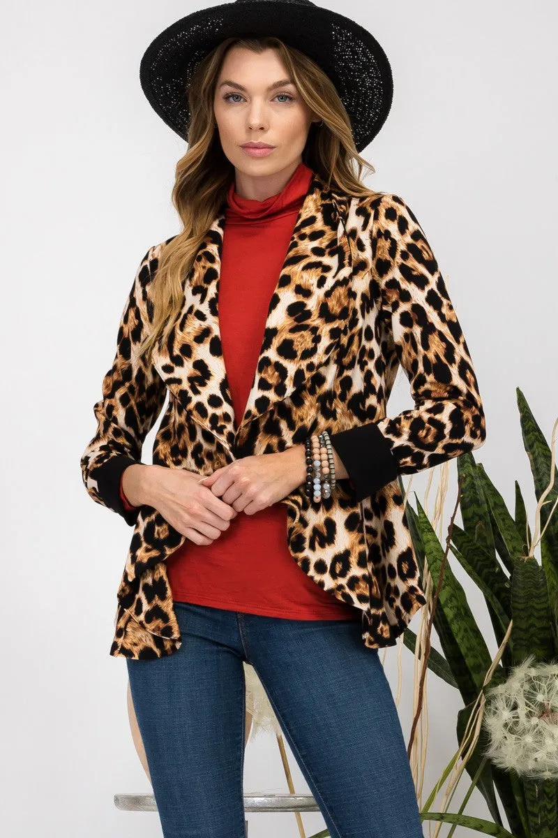 Leopard Open Front Long Sleeve Blazer