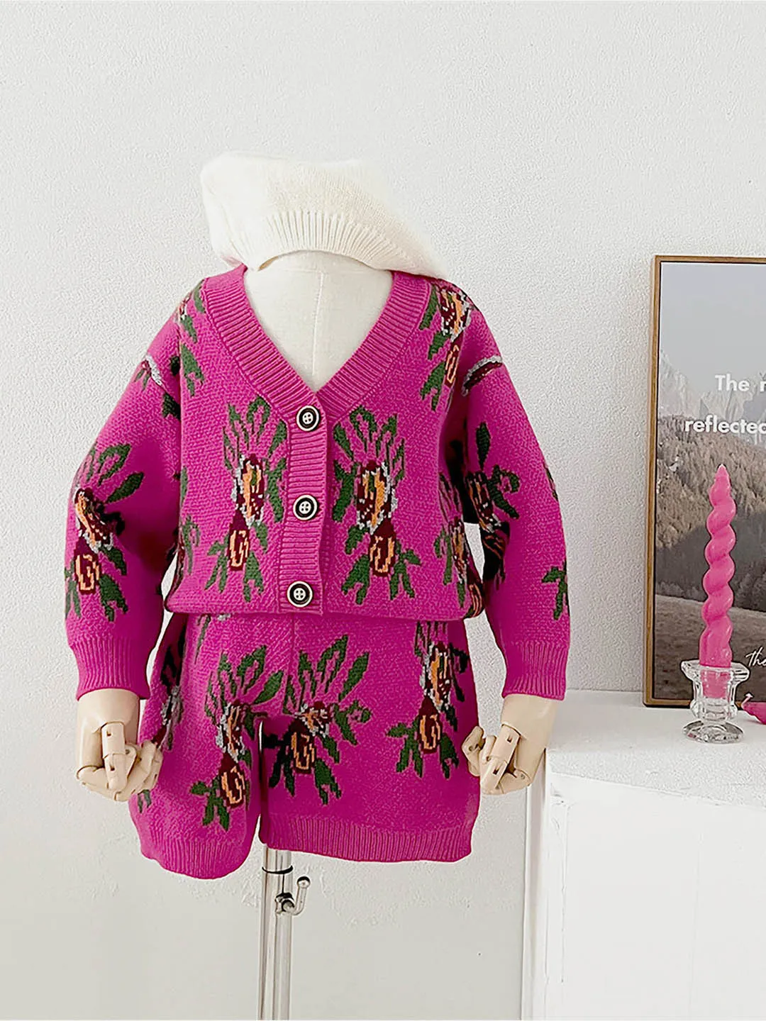 Little Surprise Box 2pcs Magenta Flower Bunch Knitted Cardigan and shorts Winterwear set for girls