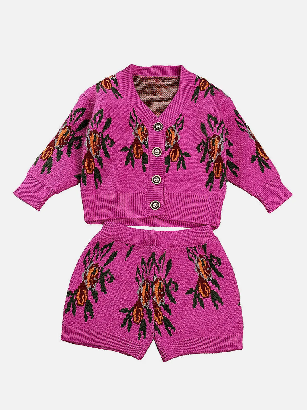 Little Surprise Box 2pcs Magenta Flower Bunch Knitted Cardigan and shorts Winterwear set for girls