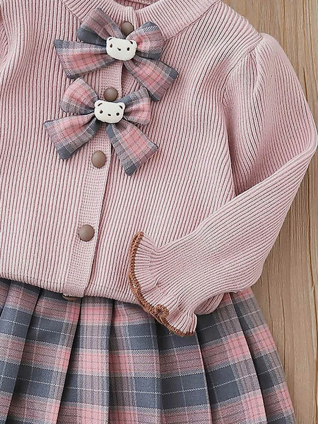 Little Surprise Box 2pcs Pink checks cardigan/Skirt Winterwear set for Girls with Teddy Clips