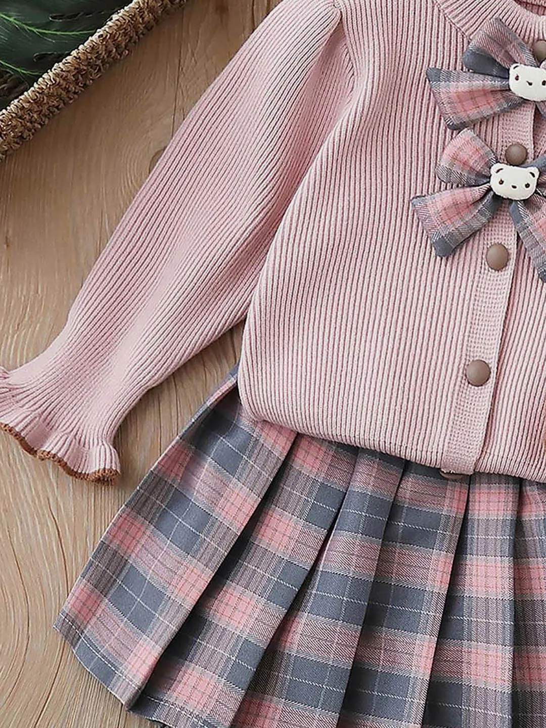 Little Surprise Box 2pcs Pink checks cardigan/Skirt Winterwear set for Girls with Teddy Clips