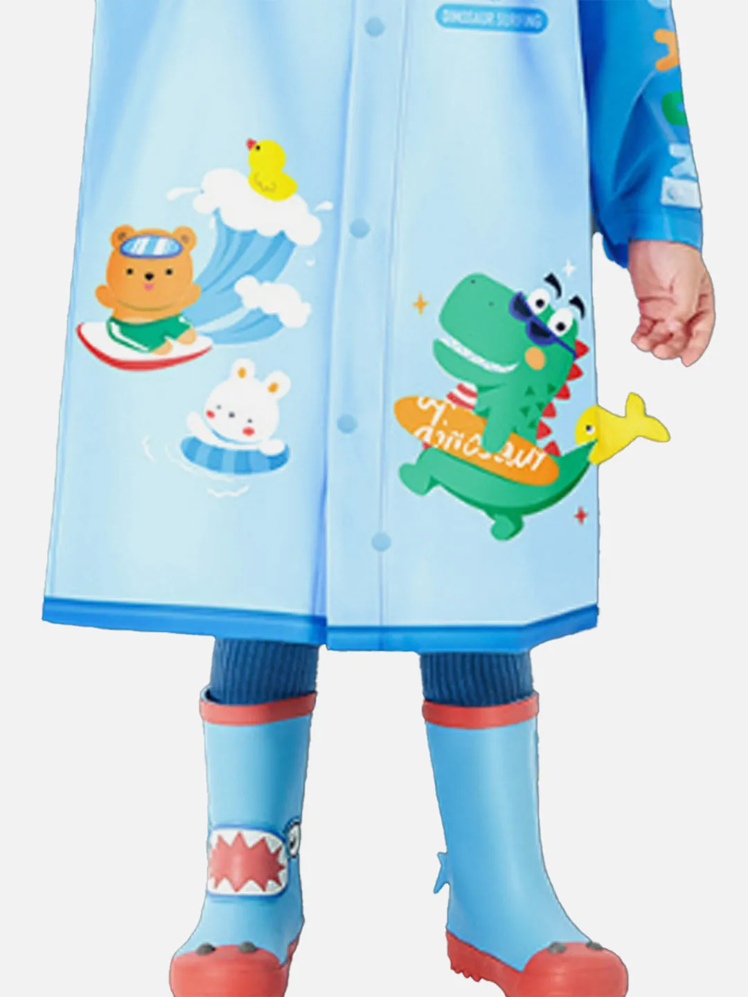 Little Surprise Box 3d Dino Blue Sleeves & Hood Knee Length Raincoat for Kids