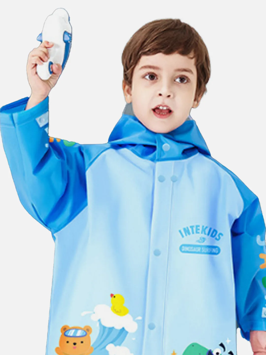 Little Surprise Box 3d Dino Blue Sleeves & Hood Knee Length Raincoat for Kids