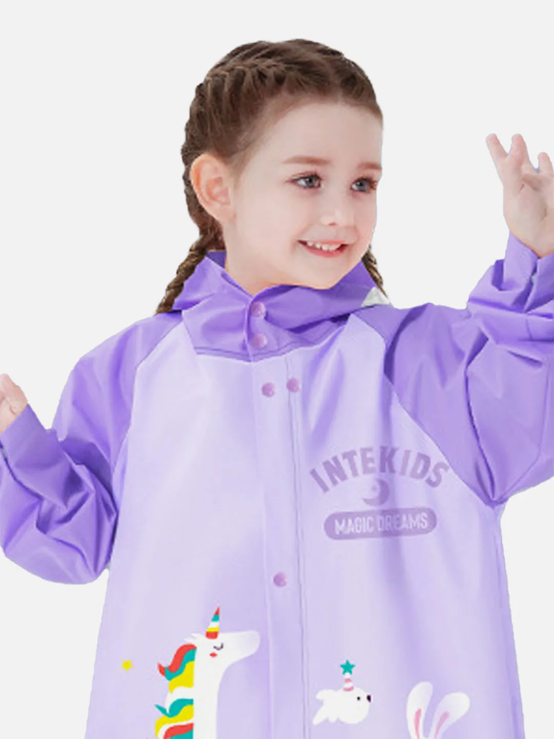 LITTLE SURPRISE BOX 3d Unicorn Lilac Sleeves & Hood Knee Length Raincoat for Kids