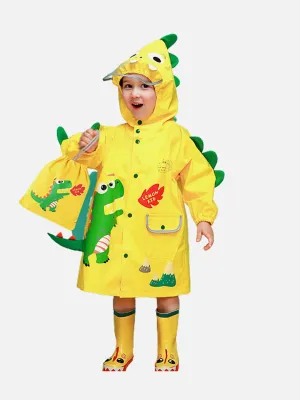 Little Surprise Box Bright Yellow 3d Dino Theme Raincoat for Kids