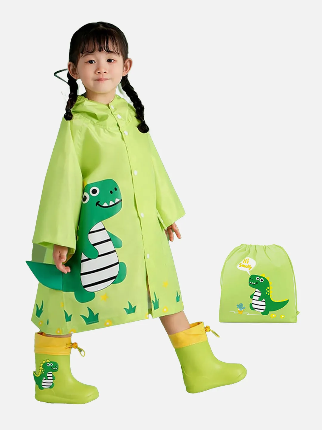 Little Surprise Box Fluorescent Green Dino Park Raincoat for Kids and Toddlers