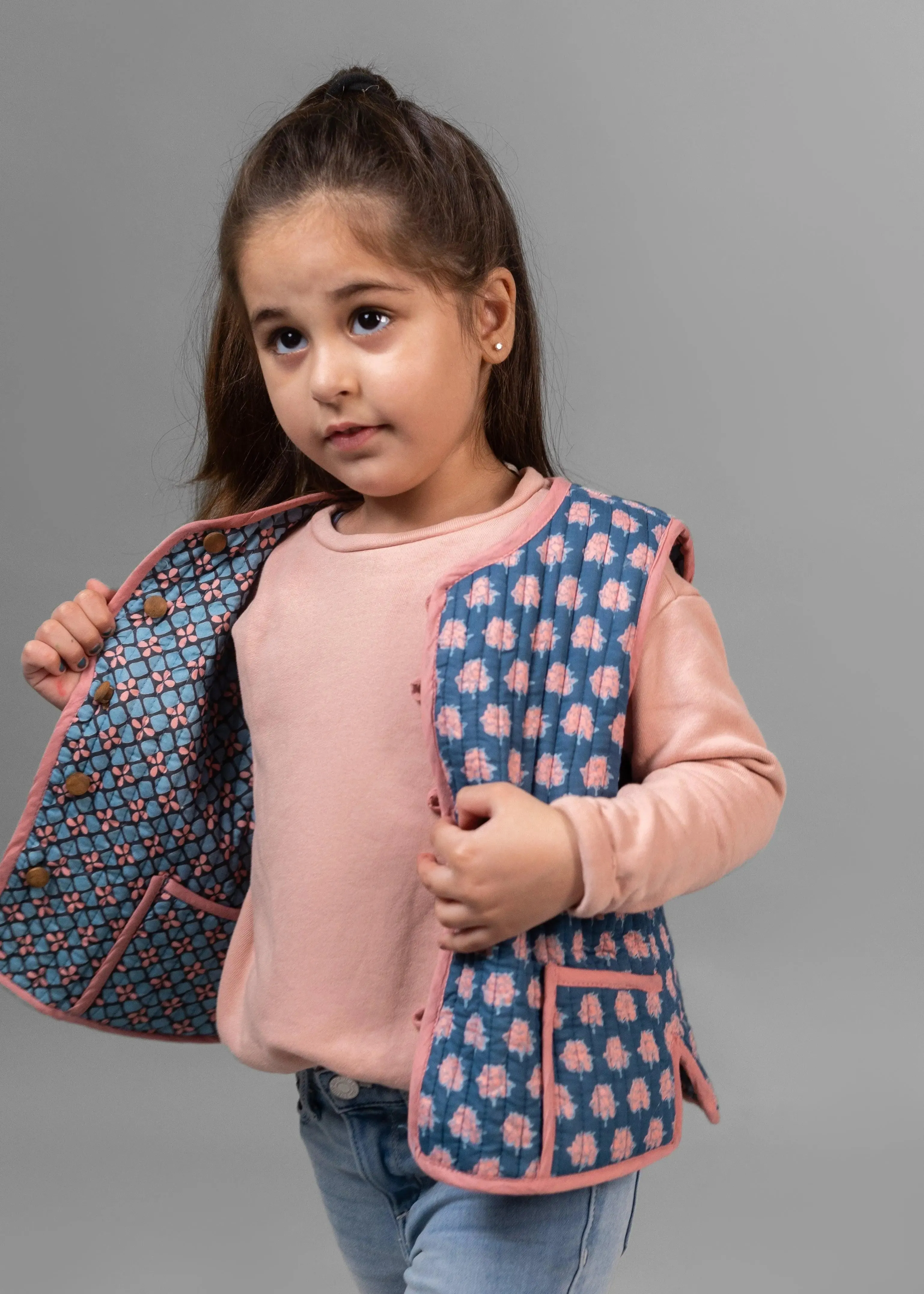 Lotus/Sesame Blue 100% Cotton Reversible Bundi Jacket Unisex (0-12 Years)