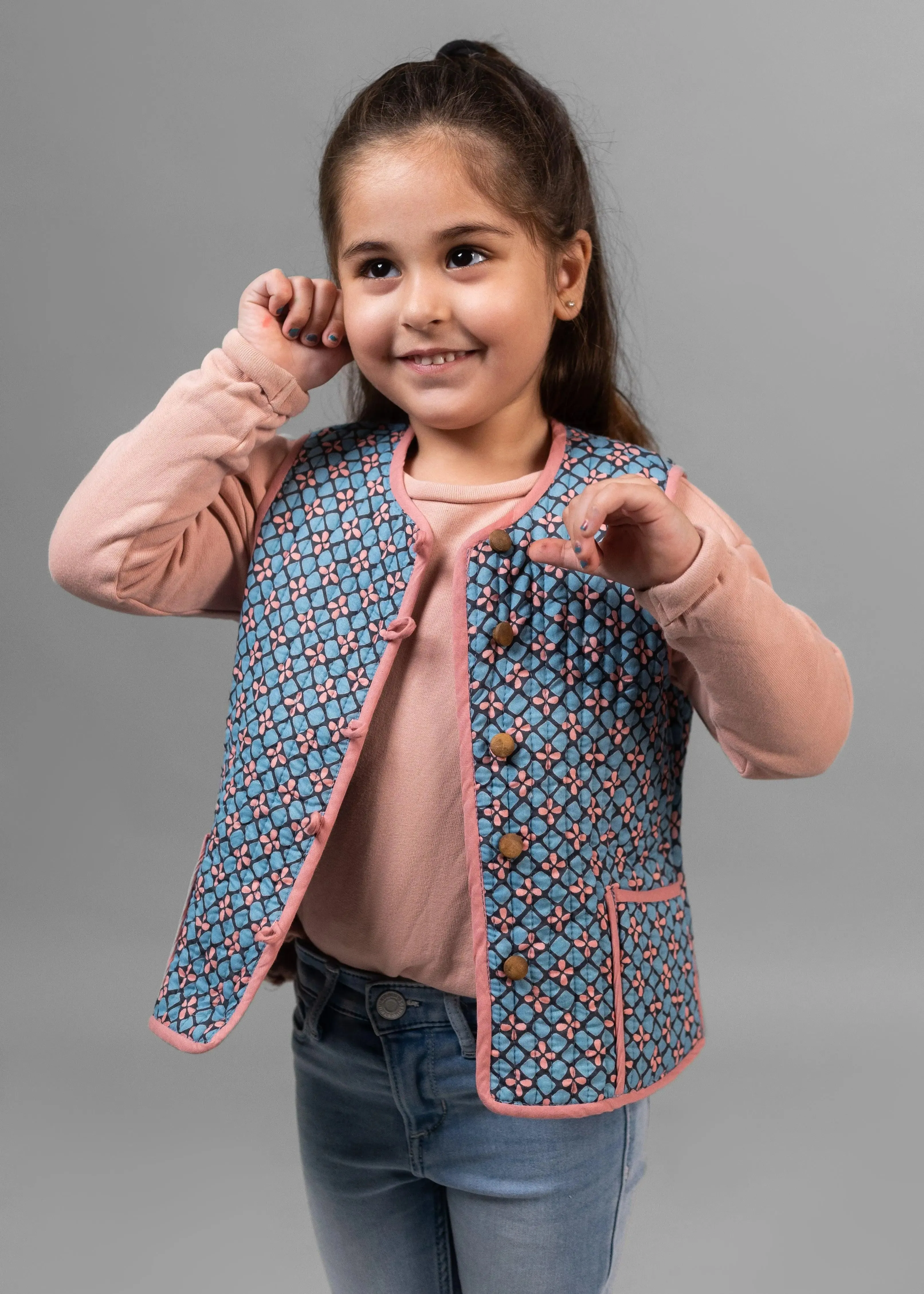 Lotus/Sesame Blue 100% Cotton Reversible Bundi Jacket Unisex (0-12 Years)