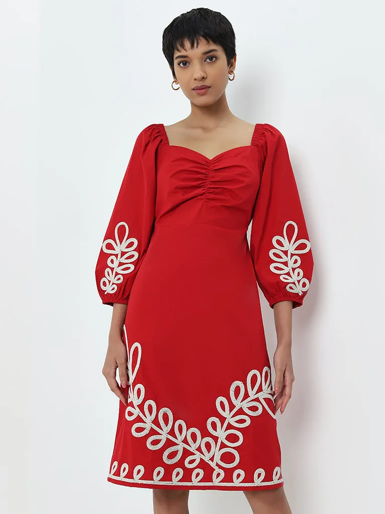 LOV Red Leaf Embroidered A-Line Cotton Dress