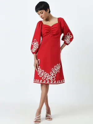 LOV Red Leaf Embroidered A-Line Cotton Dress