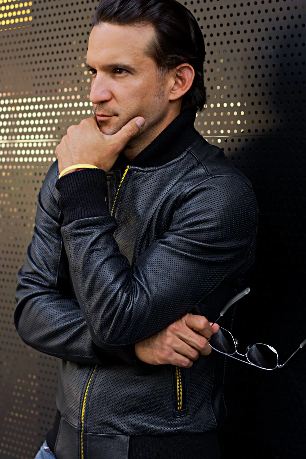 LUXUS HI TECH Leather Jacket Bomber lightweight - Perforated - Black & Yellow