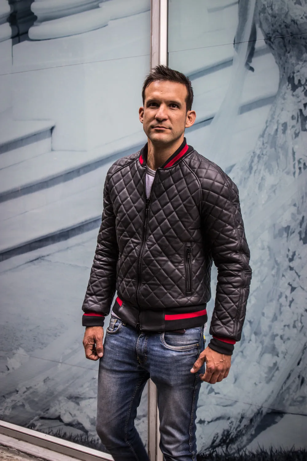 LUXUS HYBRID Bomber Quilted Jacket  Leather Black - Red Stripe