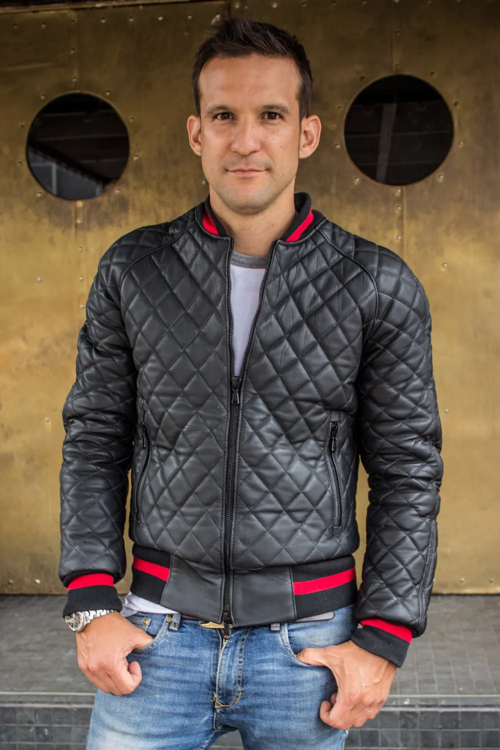 LUXUS HYBRID Bomber Quilted Jacket  Leather Black - Red Stripe