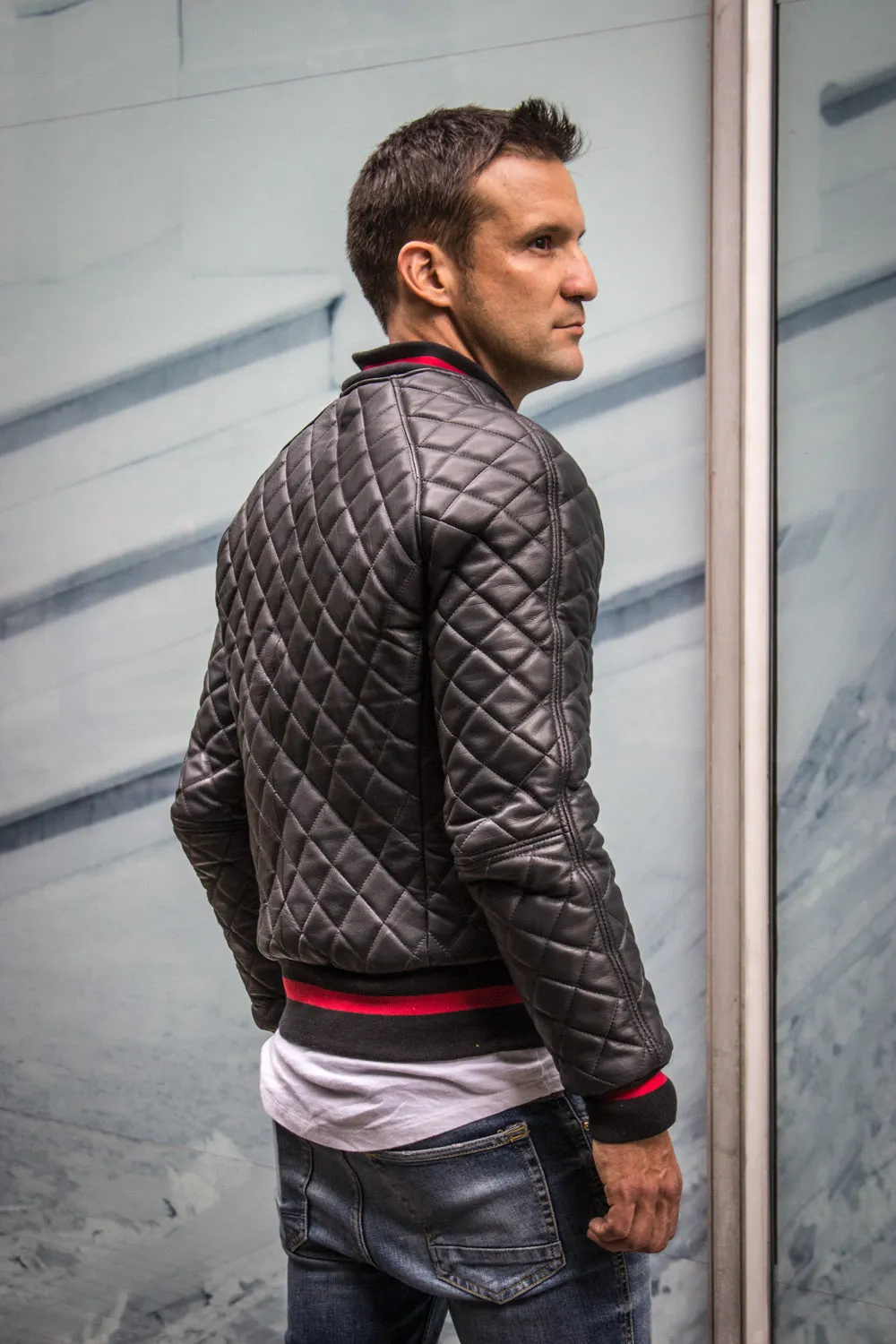 LUXUS HYBRID Bomber Quilted Jacket  Leather Black - Red Stripe