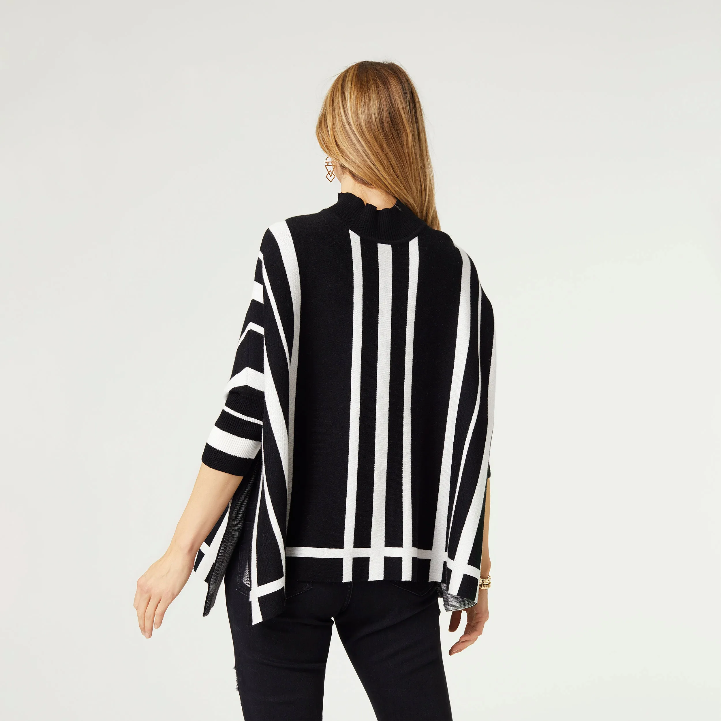 Lynda Mock Neck Sweater with Stripes - Black/White