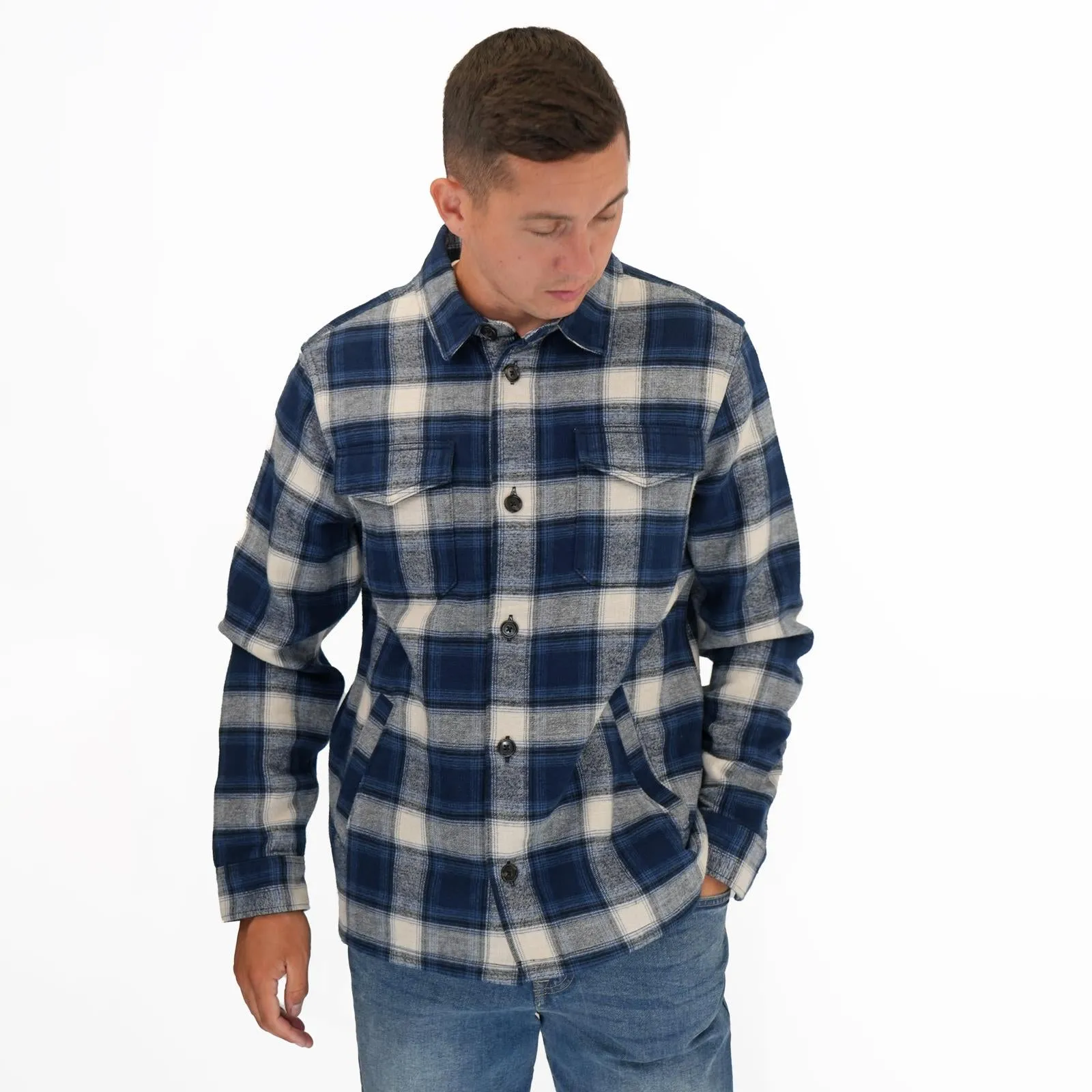 M&S Mens Cotton Rich Check Double Faced Overshirt Blue