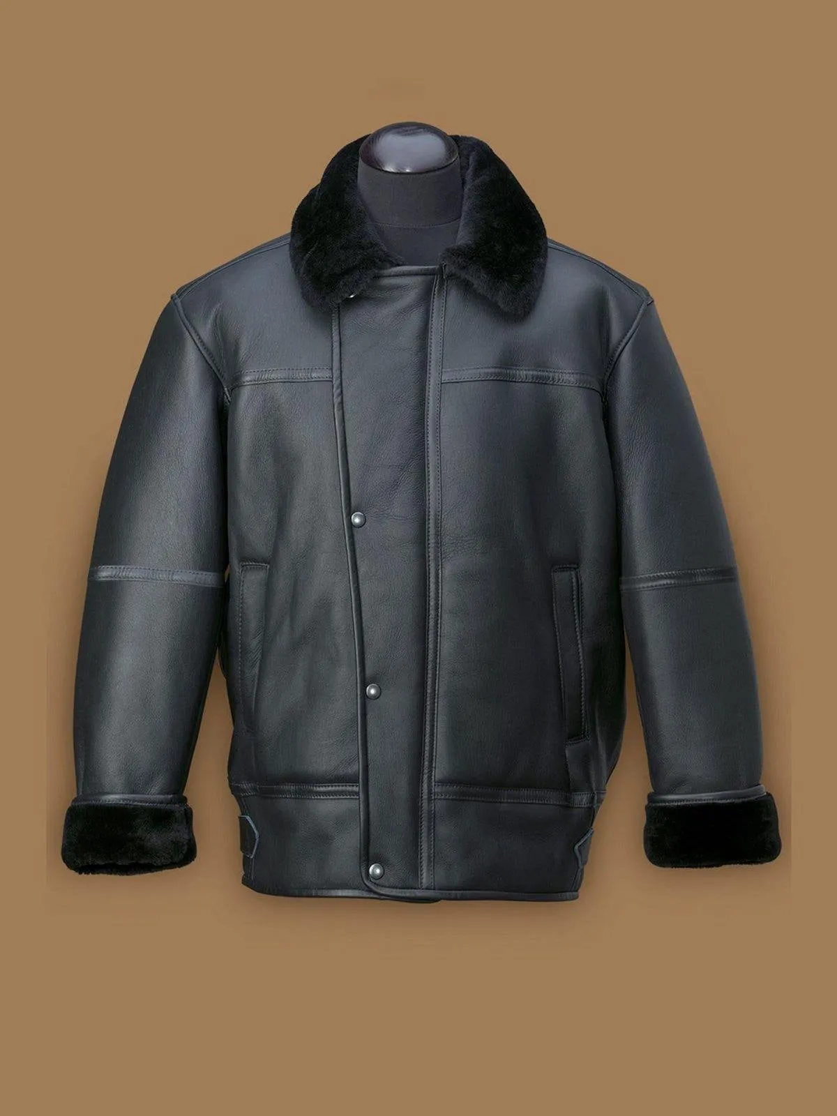 Men Black Aircraft Shearling Bomber Leather Jacket