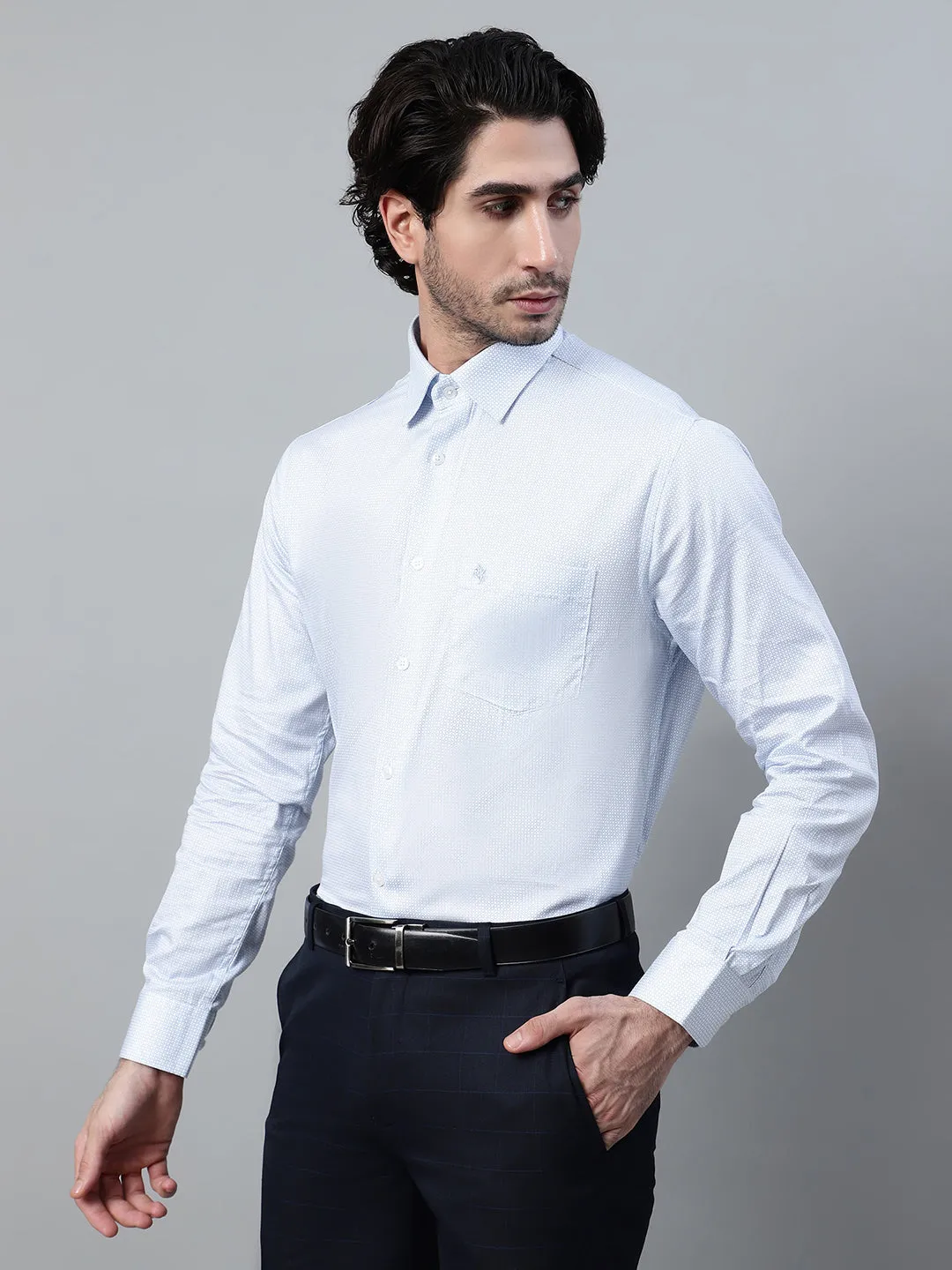 Men Sky Blue Micro Printed Full Sleeves Formal Shirt