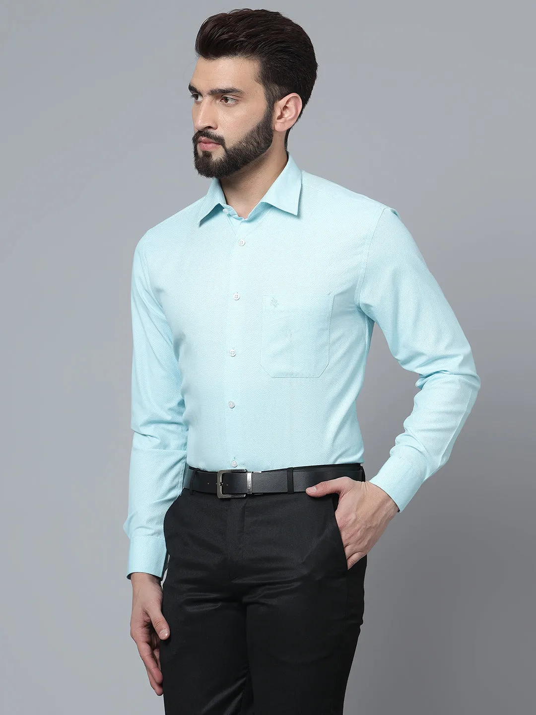 Men's Aqua Formal Self Textured Full Sleeve Shirt