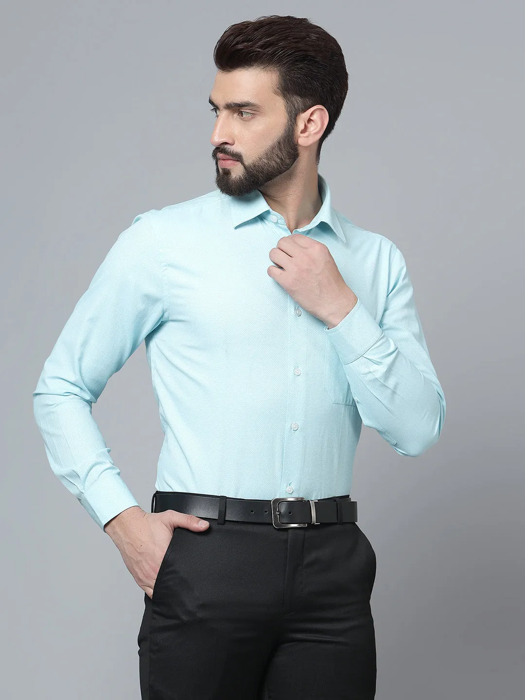 Men's Aqua Formal Self Textured Full Sleeve Shirt