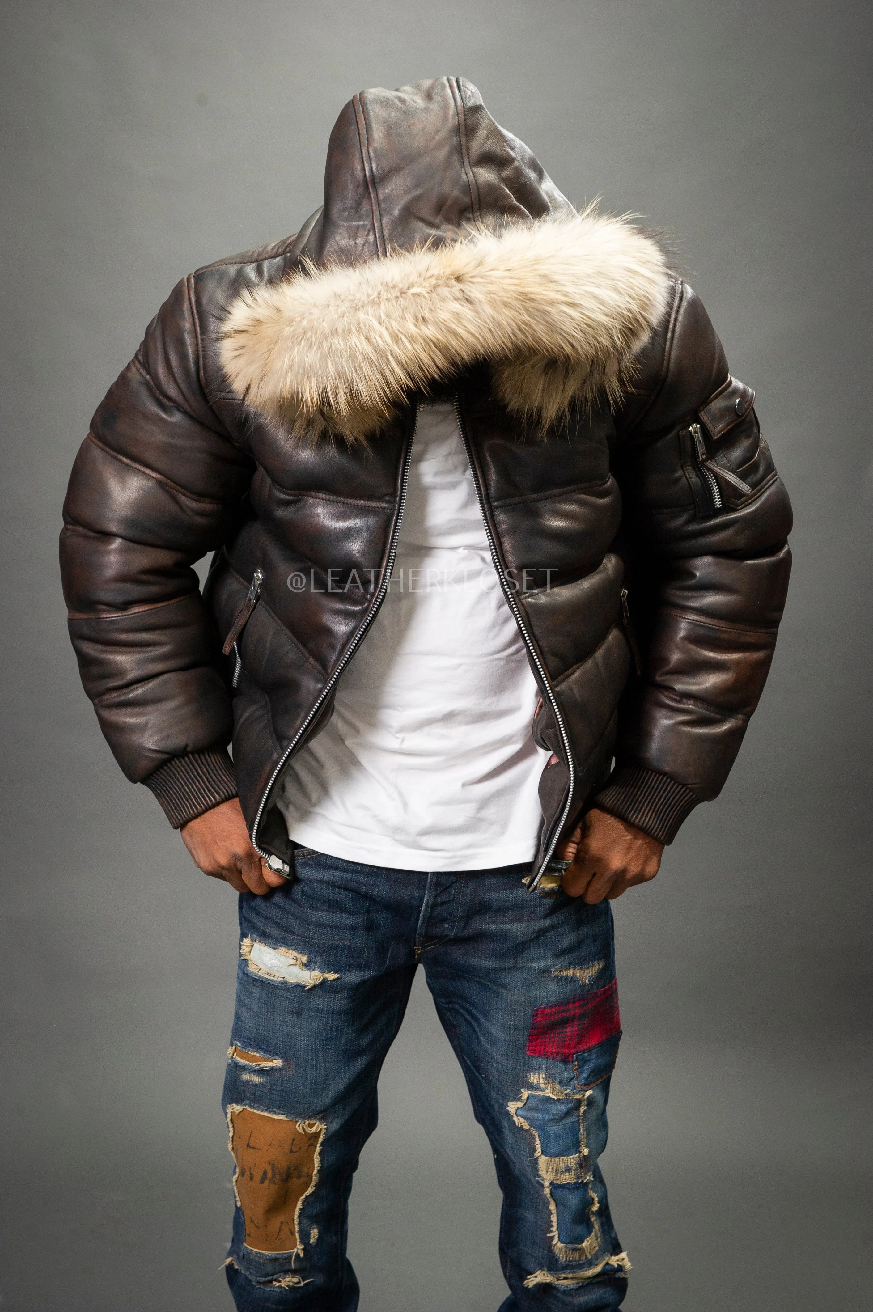 Men’s Aspen Leather Bubble Bomber Jacket [Brown Copper]