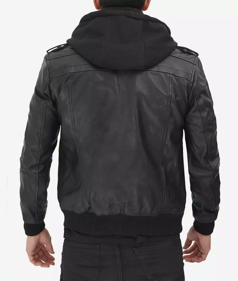 Mens Black Bomber Leather Jacket with removable hood