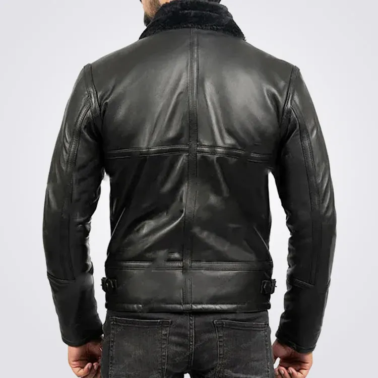 Men's Black Shearling Sheepskin Leather Bomber Jacket