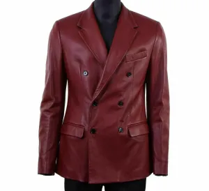 Men’s Burgundy Double Breasted Leather Blazer TB029