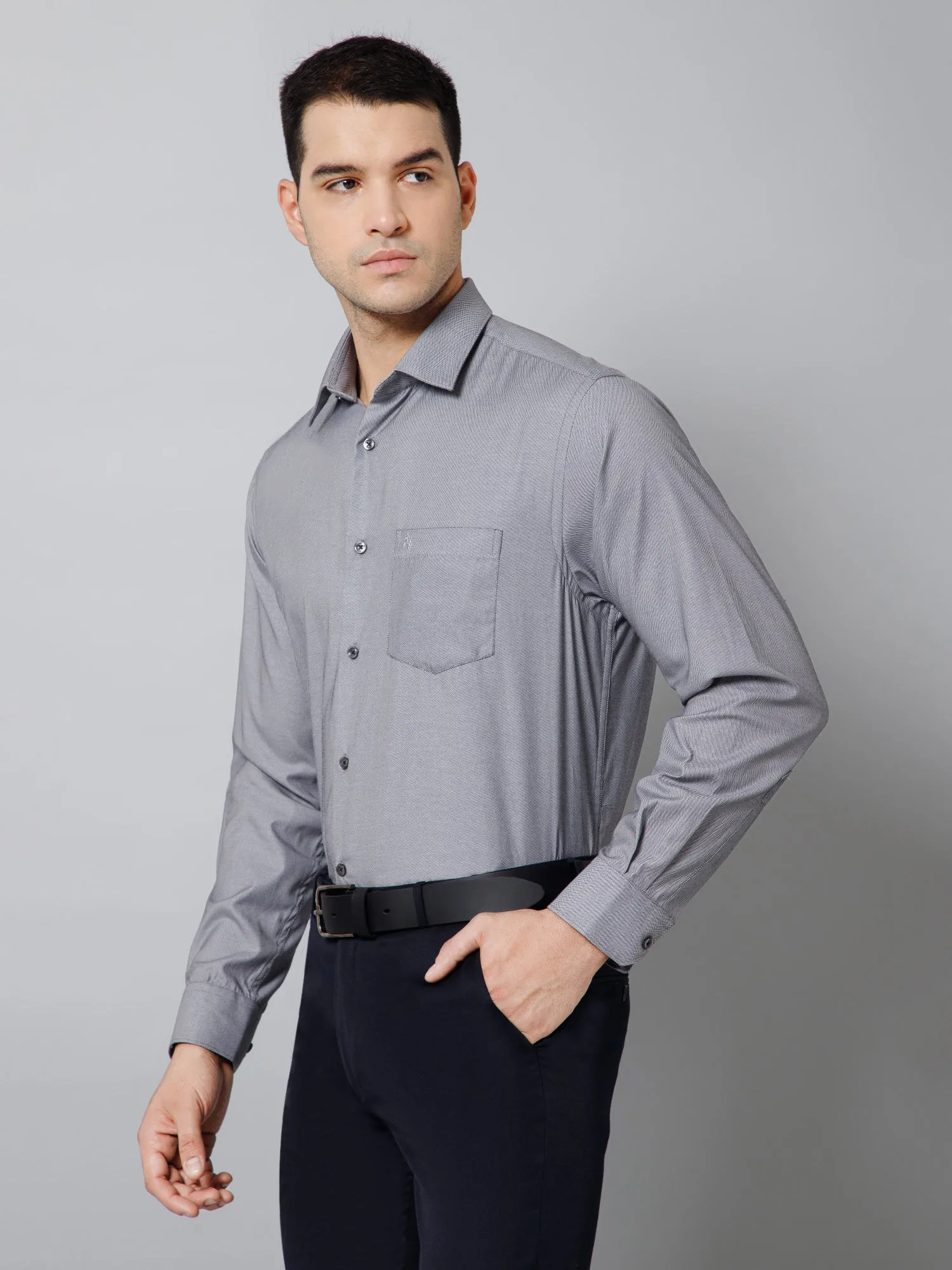 Men's Grey  Formal Self Textured Full Sleeve Shirt