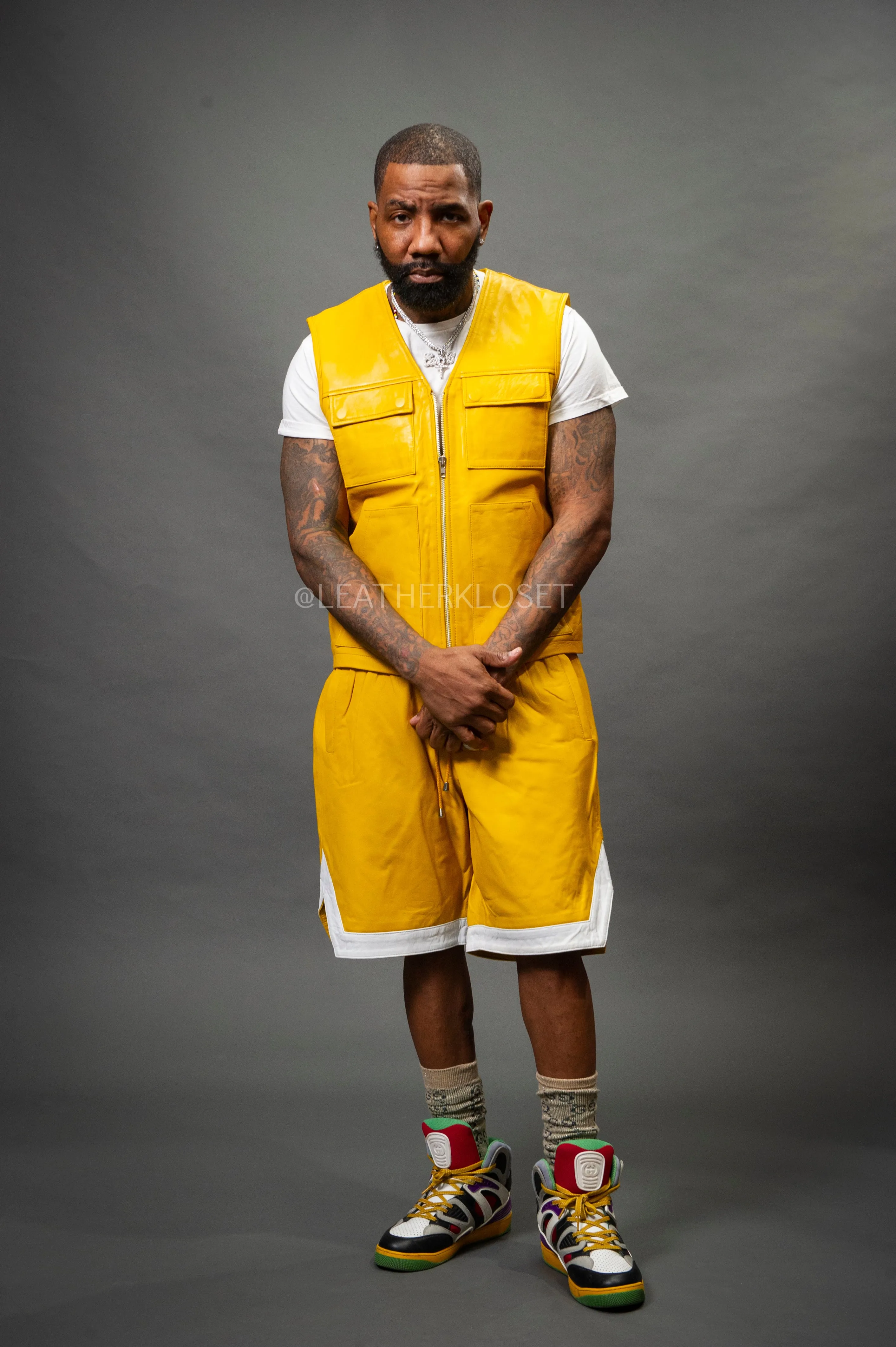 Men's Leather Brooklyn Vest With Leather Basketball Shorts [Yellow/White]