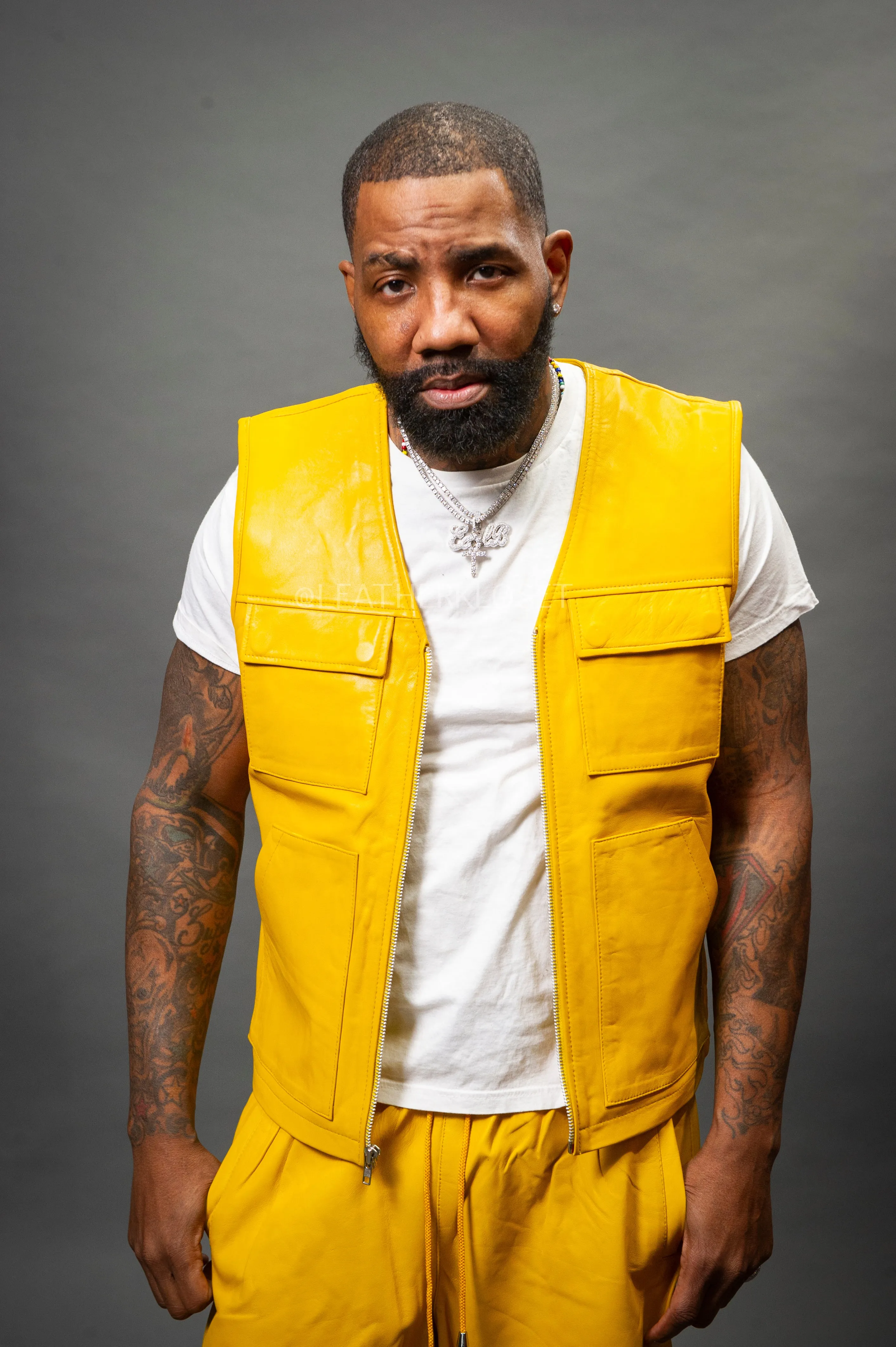 Men's Leather Brooklyn Vest With Leather Basketball Shorts [Yellow/White]