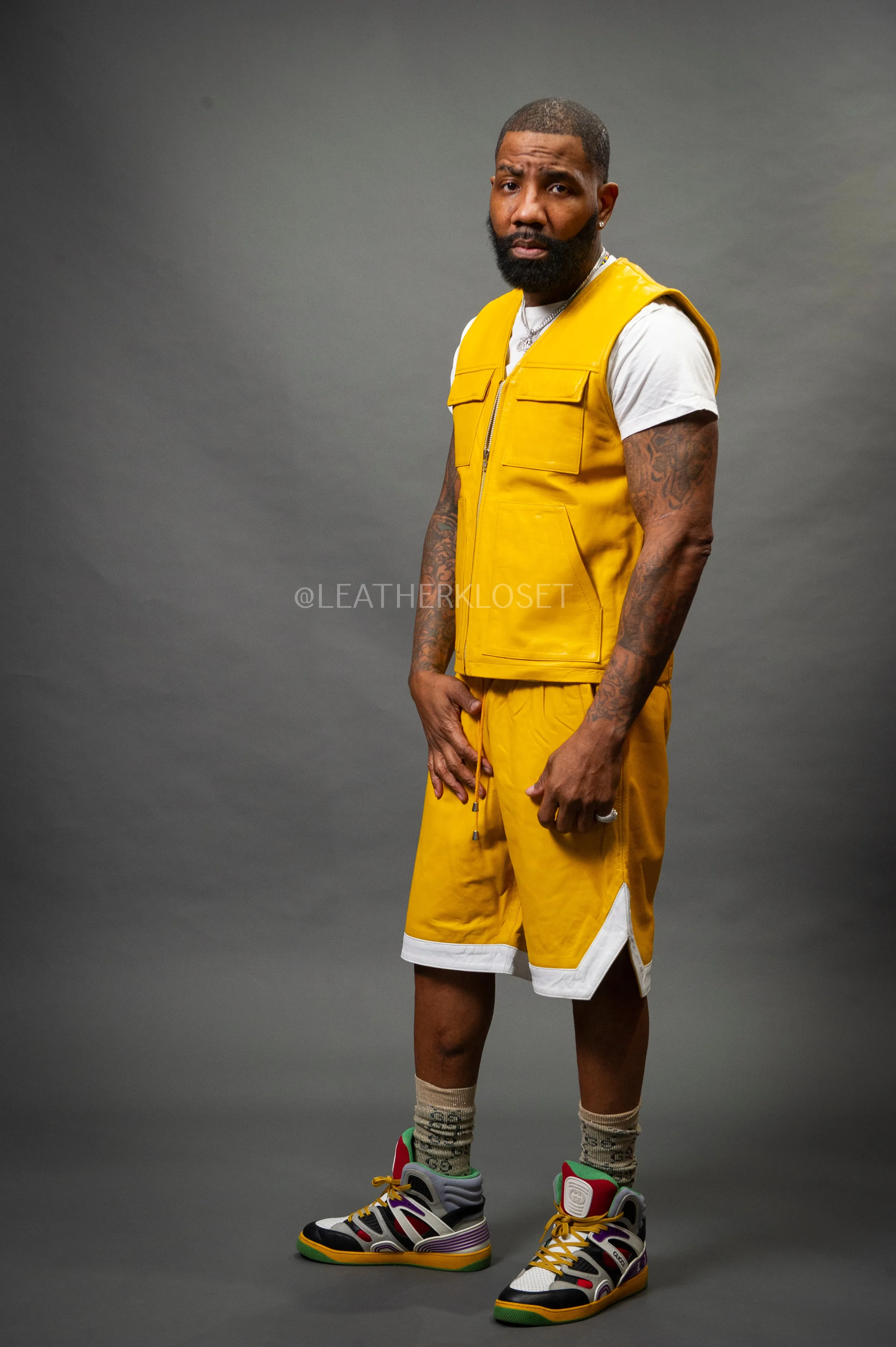 Men's Leather Brooklyn Vest With Leather Basketball Shorts [Yellow/White]