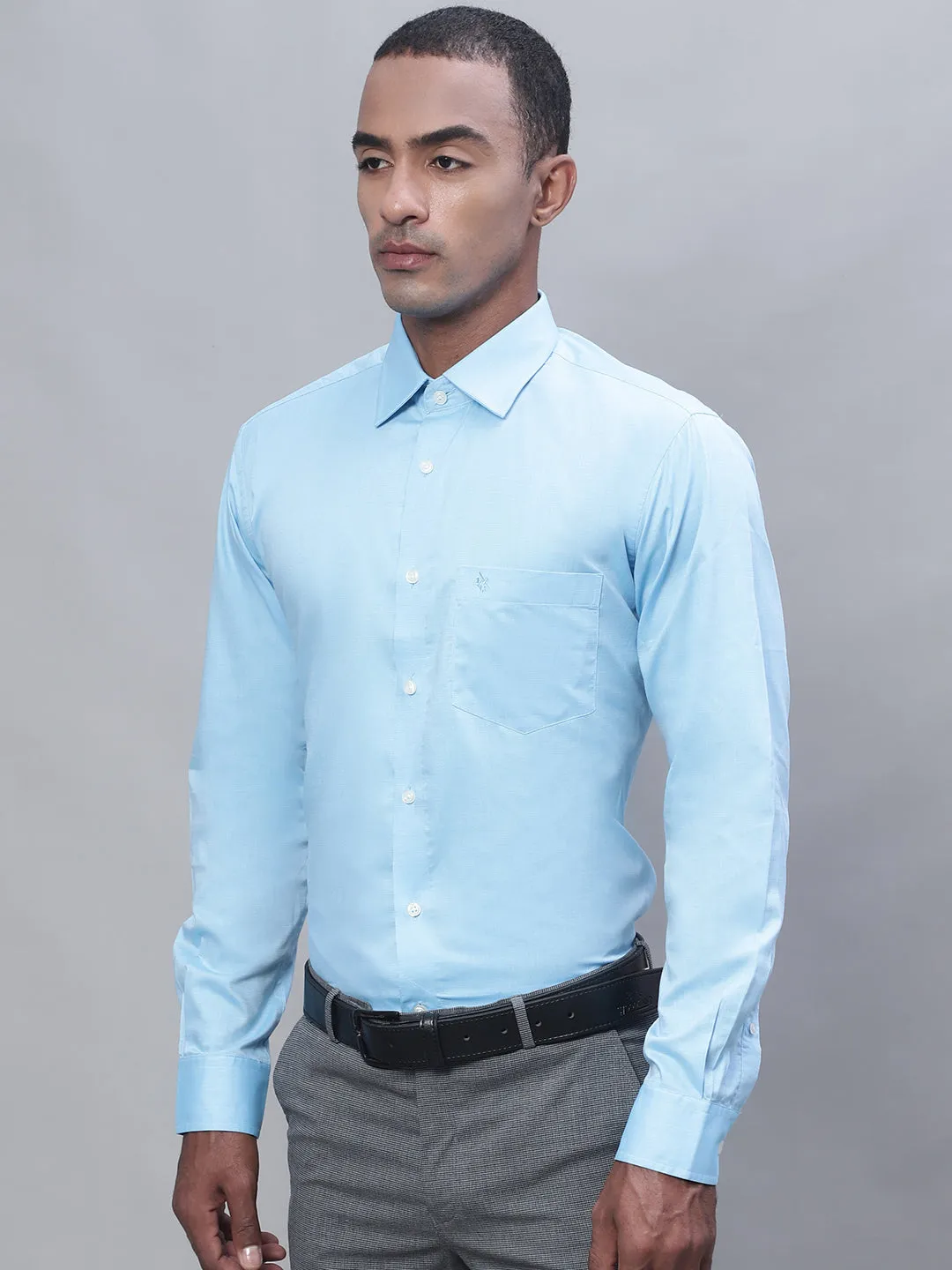 Men's Light Blue Formal Fil a Fil Plain Full Sleeve Shirt