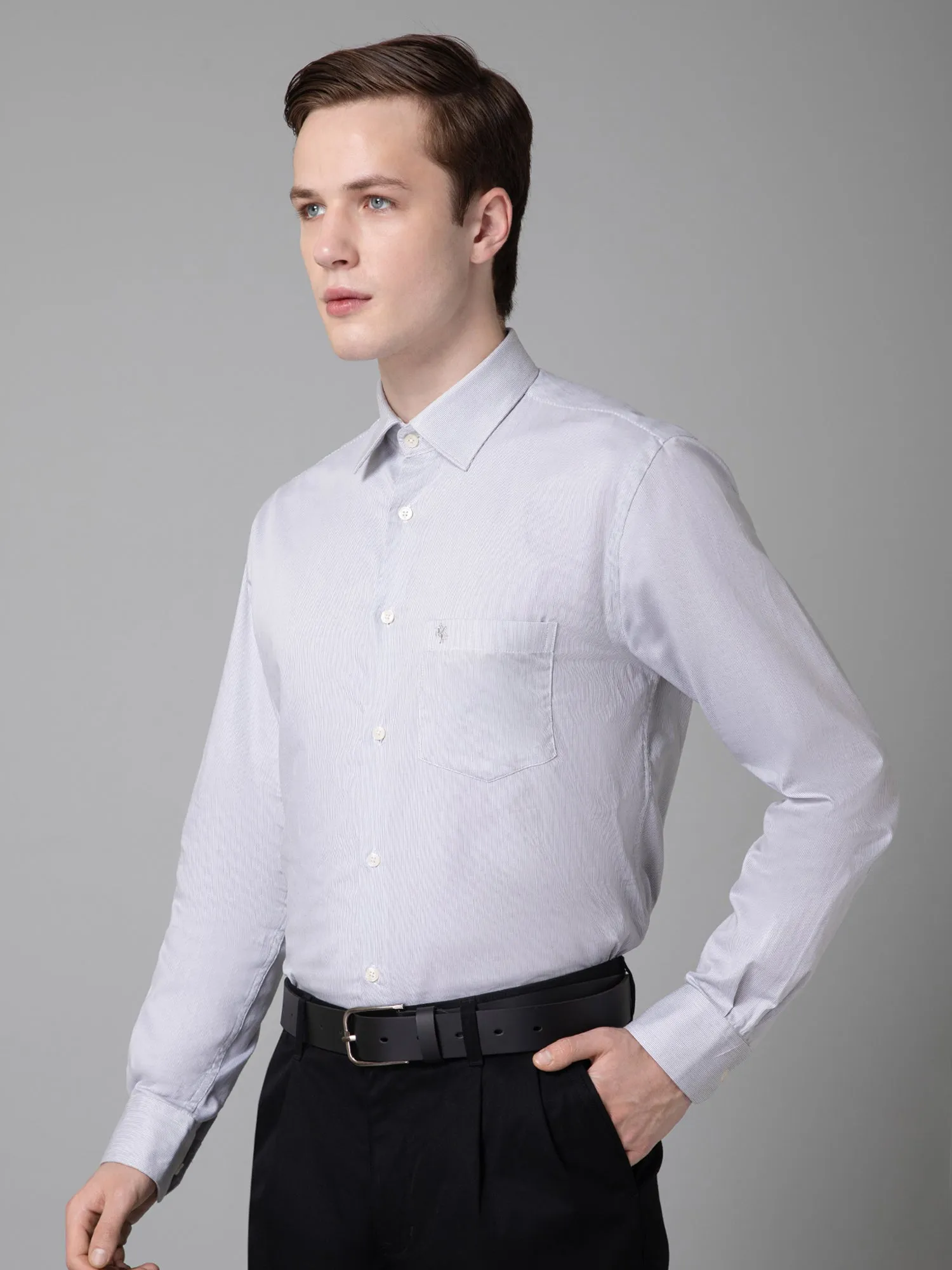 Men's Light Grey Formal Pin Stripe Full Sleeve Shirt