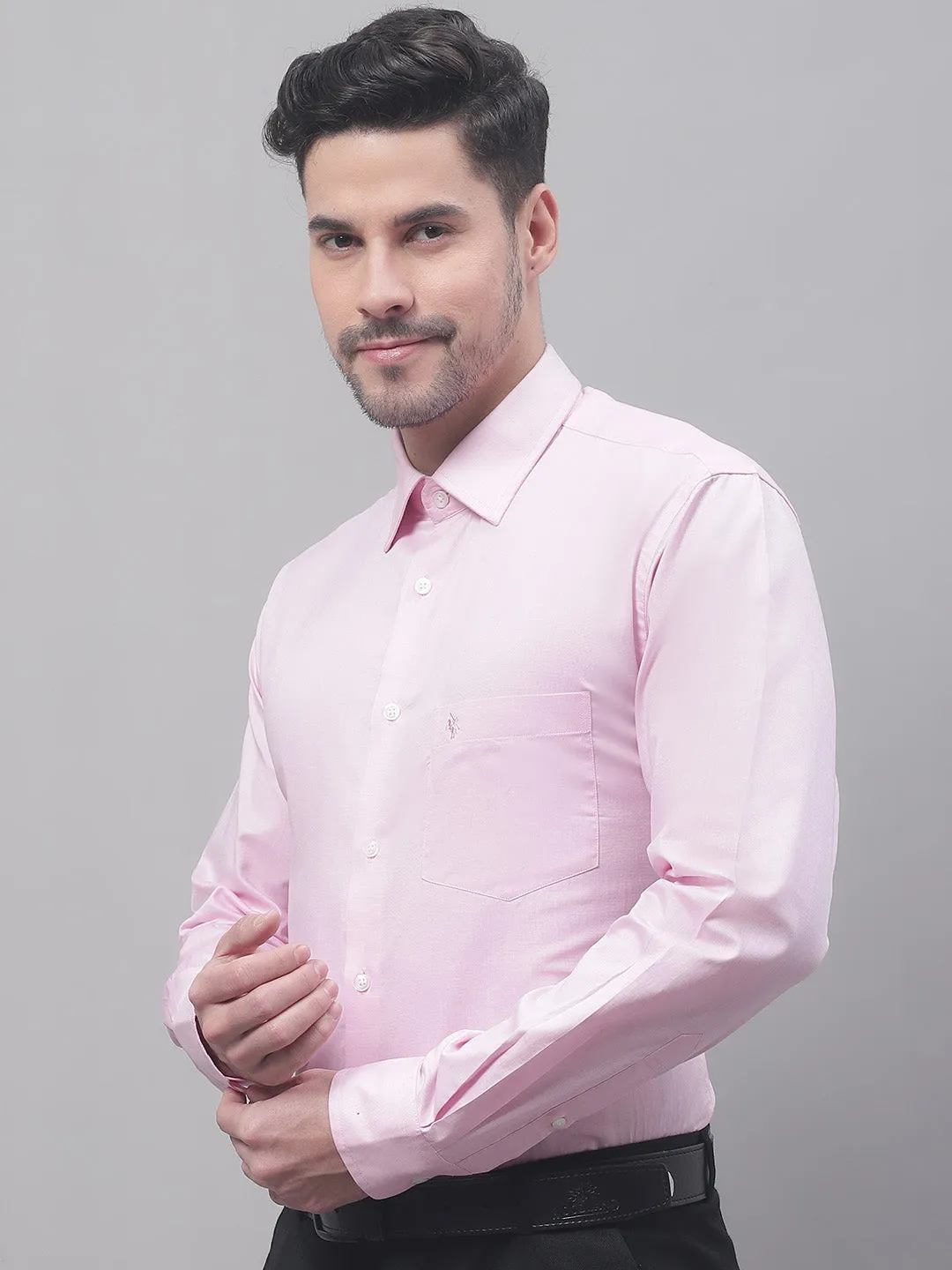 Men's Light Pink Formal Fil a Fil Plain Full Sleeve Shirt