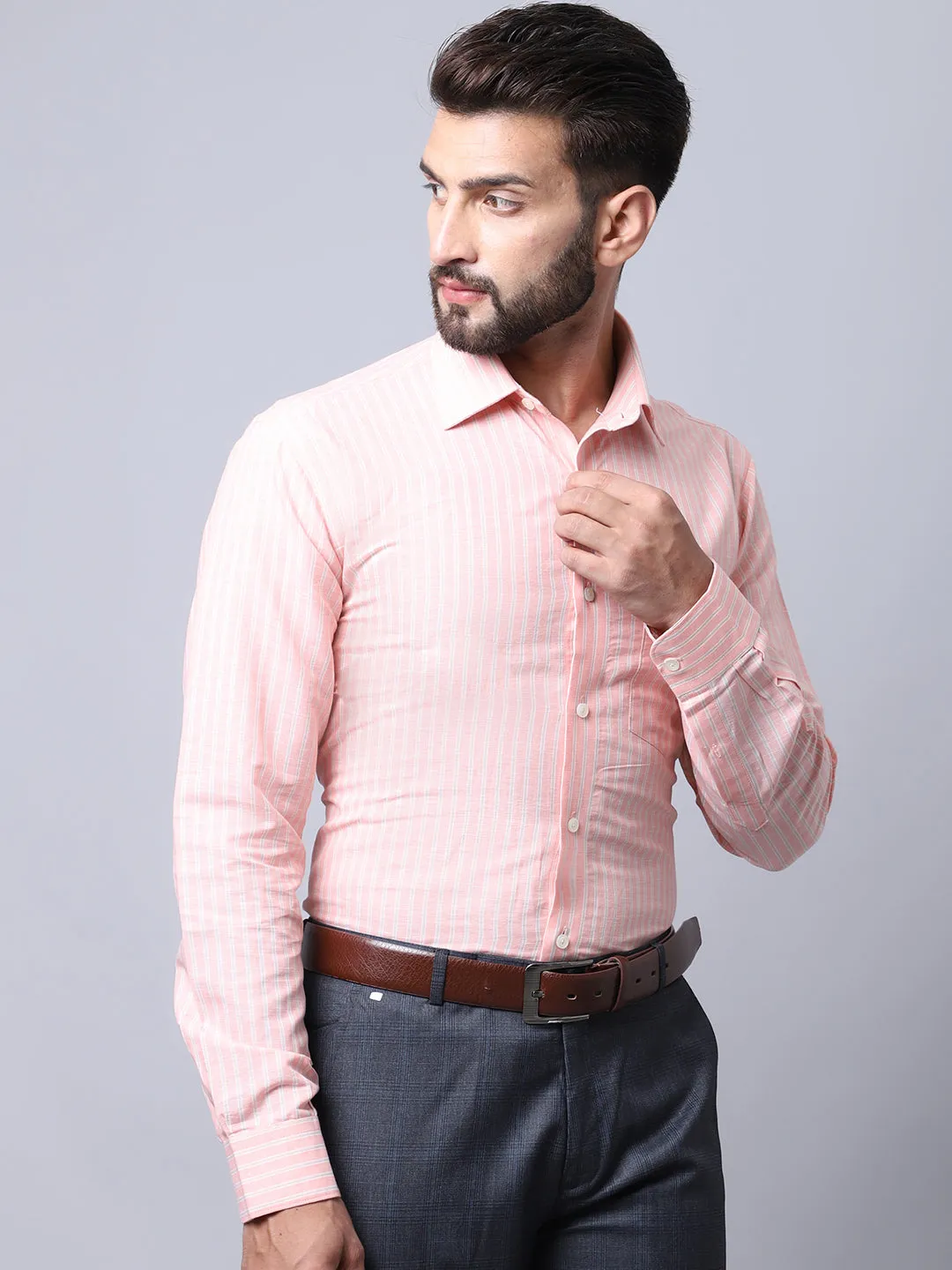 Men's Light Pink Formal Narrow Stripe Full Sleeve Shirt