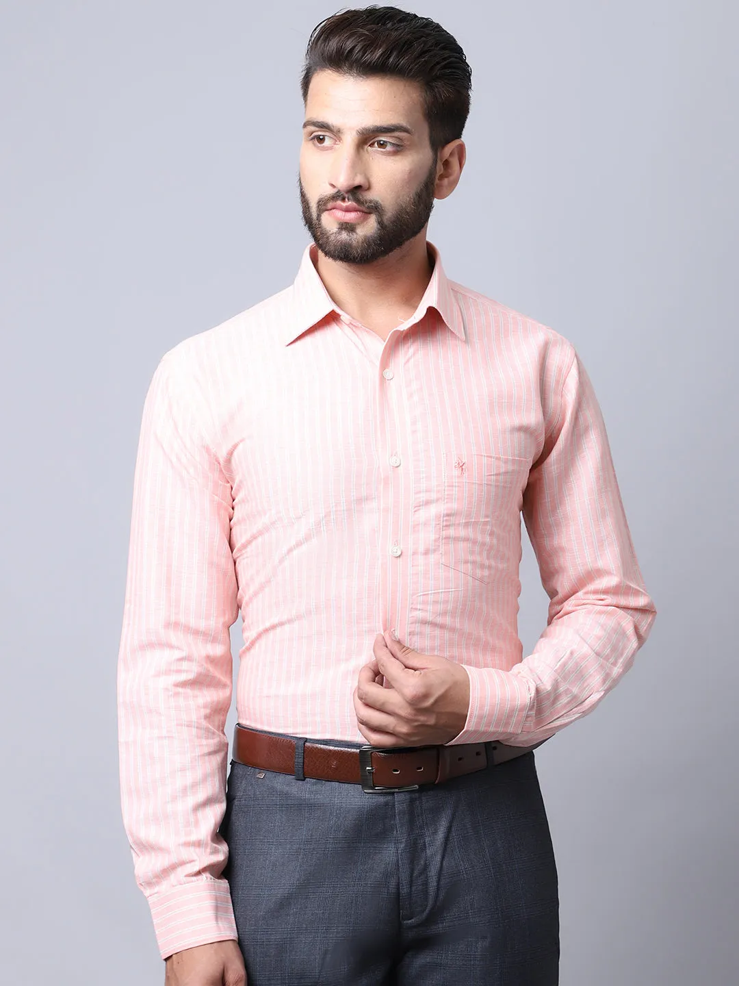 Men's Light Pink Formal Narrow Stripe Full Sleeve Shirt