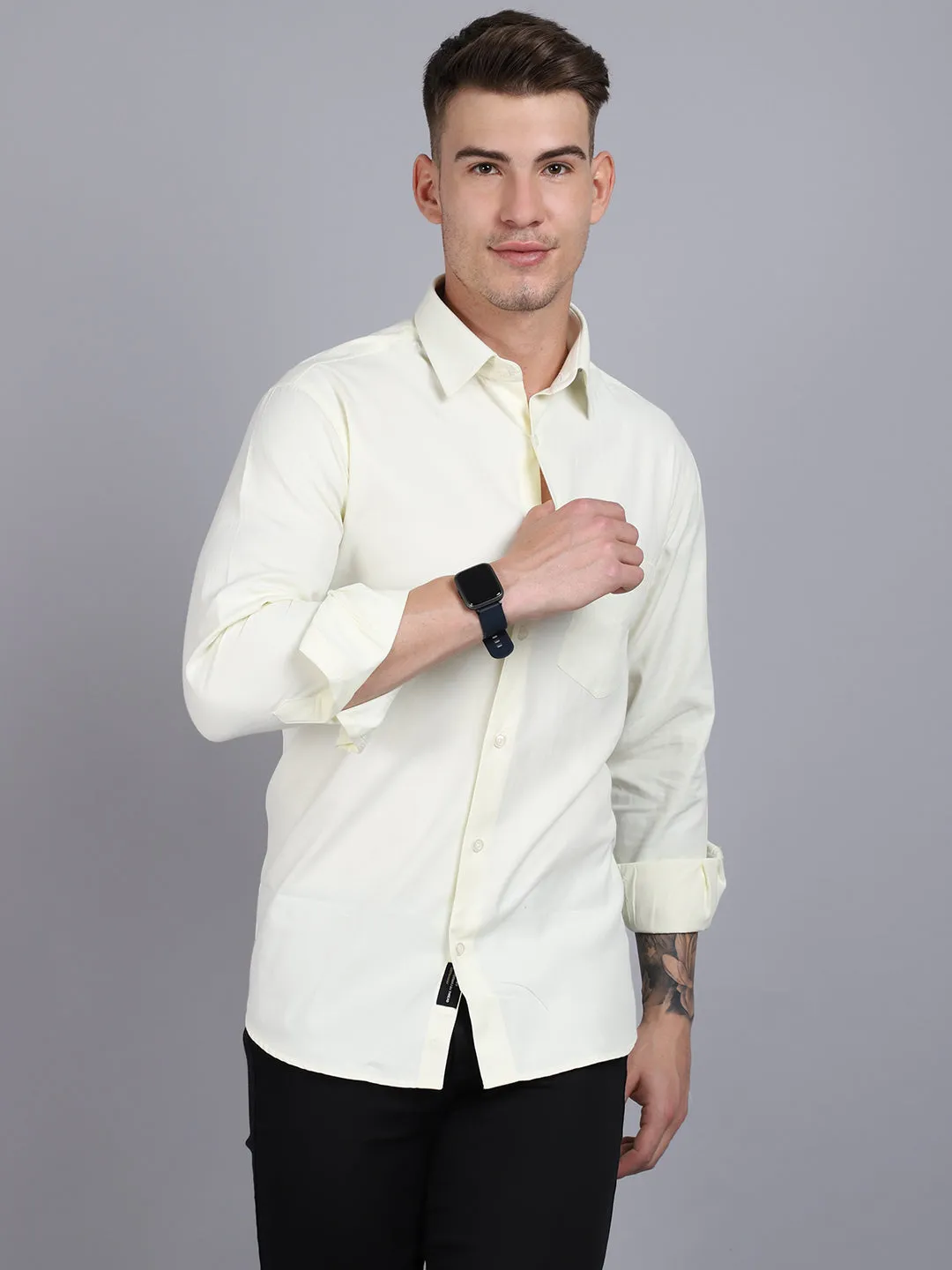 Men's Light Yellow Formal Plain Full Sleeve Shirt